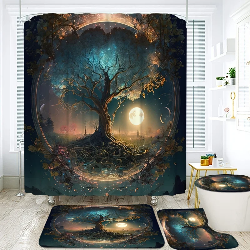 4pcs Tree Printed Shower Curtain Set, Waterproof Bathroom Partition Curtain With Hooks, Non-Slip Bath Rug, Toilet U-Shape Mat, T