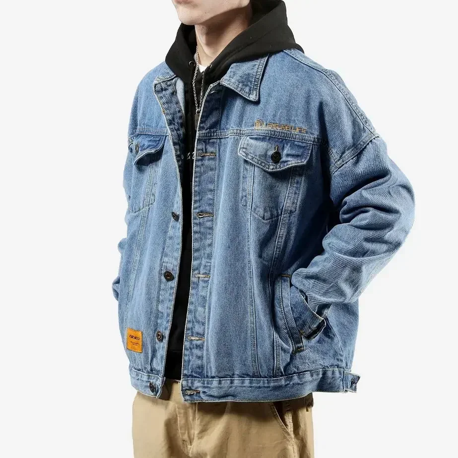 Blue With Embroidery Button Autumn Men's Denim Jacket Gray Male Jean Coats Low Price Wholesale Elatic Loose Y2k Korea Cowboy