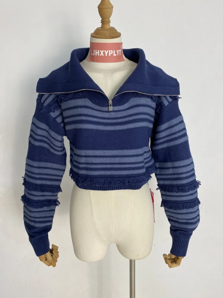 

Женский вязаный свитер в контрастную полоску с лацканами на половину молнии, осенние новые рождественские топы для девочек, женский свитер с длинными рукавами, джемпер
