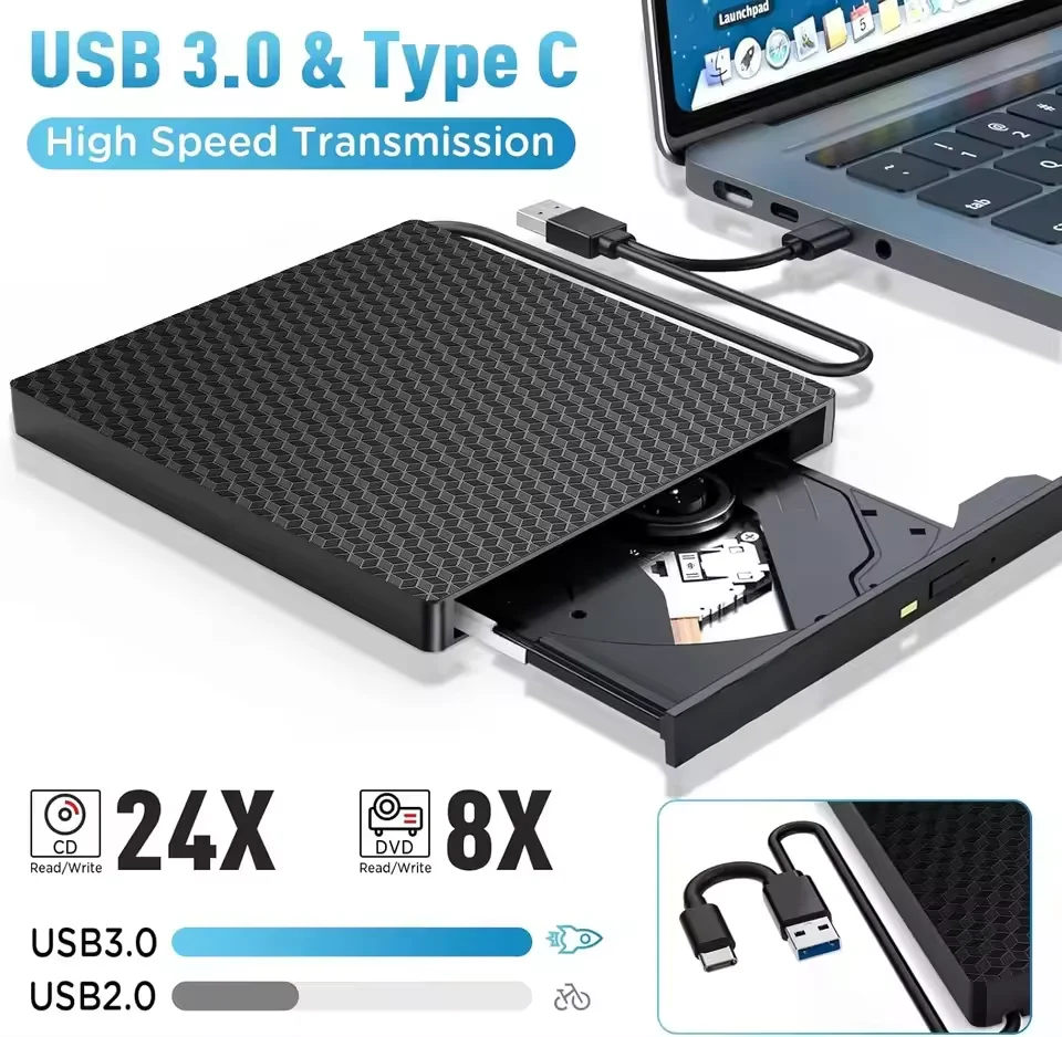 2 in 1 USB3.0 Type C Slim External DVD RW CD Writer Slim Optical Drive Burner Reader Player Tray Type Portable For PC Laptop