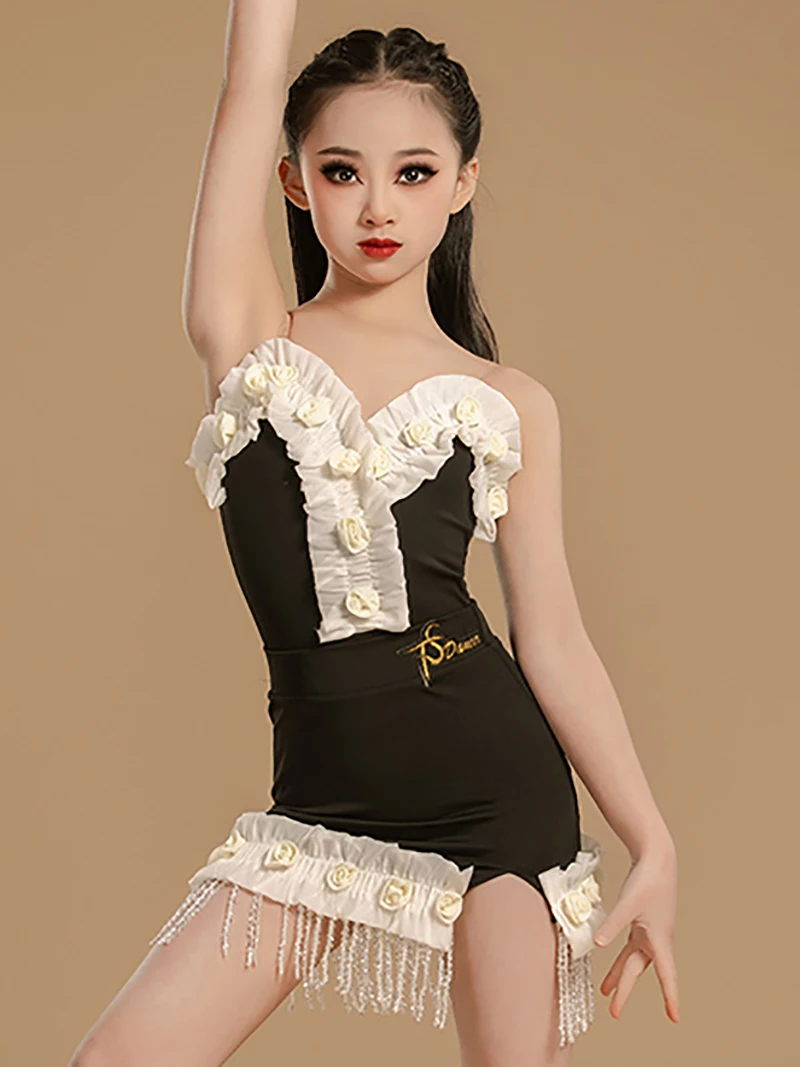 Traje de baile latino para niñas, Ropa de baile sin mangas, Espalda descubierta, mono de flores y faldas con borlas, vestidos de salón