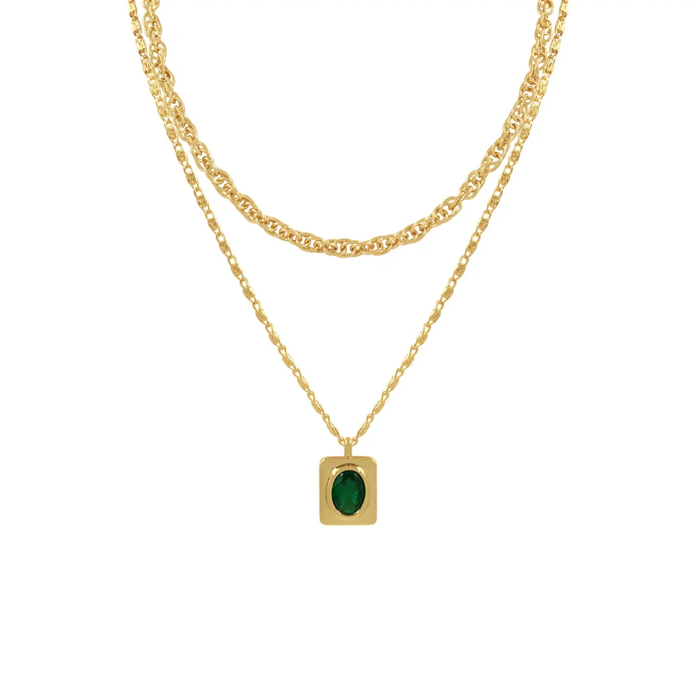 Classic Gold Color Plating Green Oval CZ Stone In Square Charm Layered Necklace For Women Girl Elegant Party Decoration Jewelry