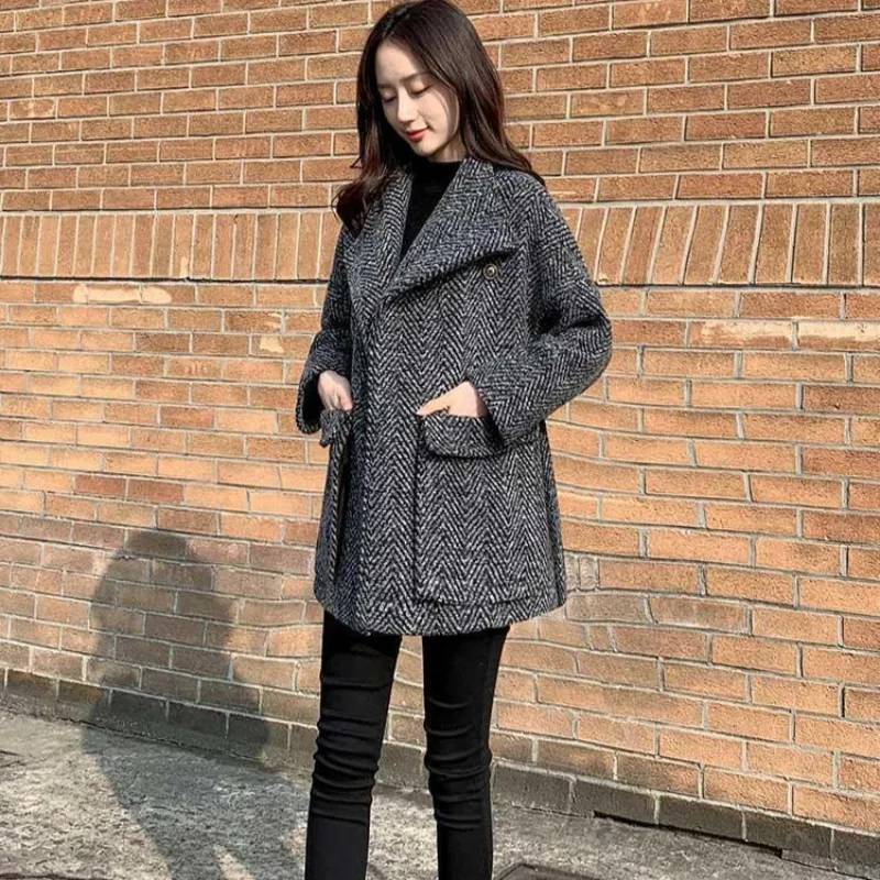 Warm Loose Women's Tweed Blazers Winter Black Plaid Check Female Wool & Blend Coats and Jackets Velvet Outerwear Modern Bags