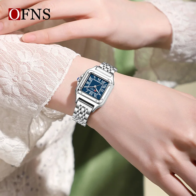 OFNS Square Couple Quartz Watch Roman Scale 3ATM Waterproof Steel Belt Watch Simple and Elegant Confession Commemorative Gift