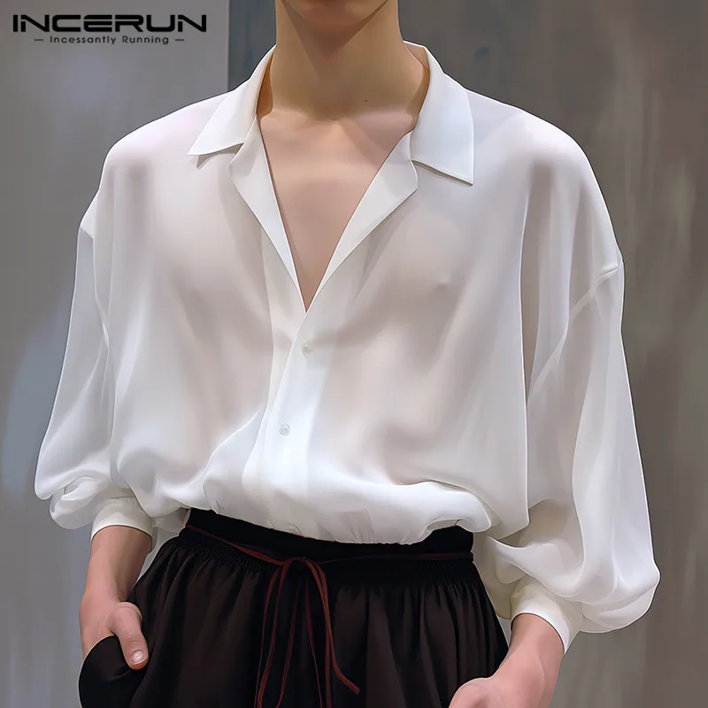 INCERUN Tops 2024 Korean Style Handsome Men\'s Sexy Slightly Transparent Shirts Casual Streetwear Male Long Sleeved Blouse S-5XL