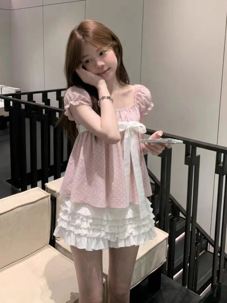 Coquette Sweet Korean Polka Dot Two Piece Set Women Puff Sleeve Bow Crop Top High Waist Ruffle Cake Shorts Casual Wear 2026 - view 5