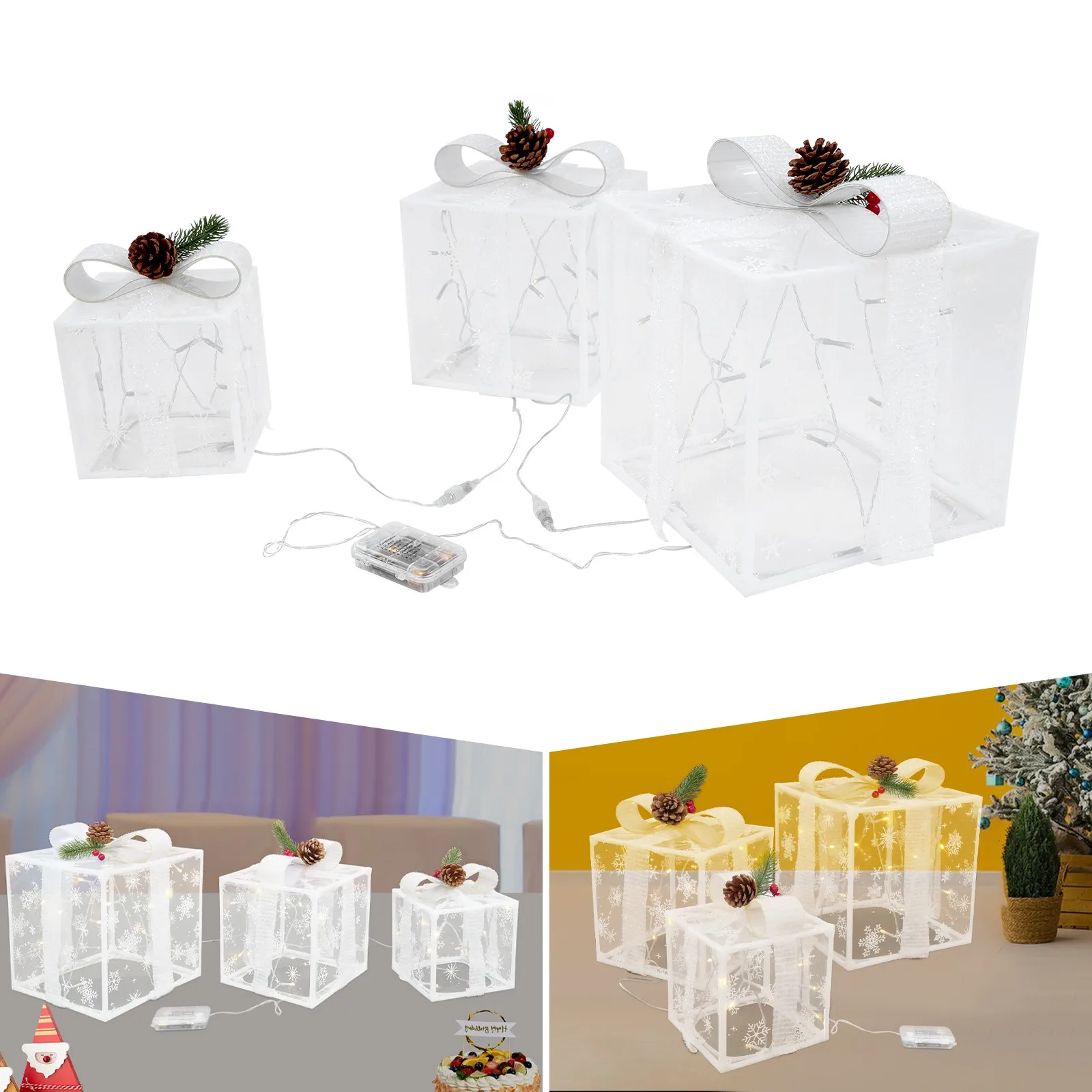 

Набор из 3 светящихся подарочных коробок для декора дома и сада, квадратные, белые, современный дизайн, 50 светодиодов, 8 режимов мигания