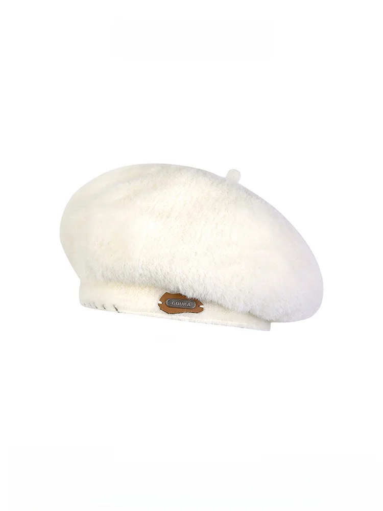 White Faux Rabbit Velvet Beret Hat Women's Fashionable Versatile Warm Face Slimming Japanese Sweet Painter Hat