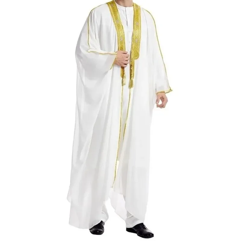 

Halloween Arab Men Robe Long Sleeve Embroidery Tassel Gold Bead Priest Cape Cloak