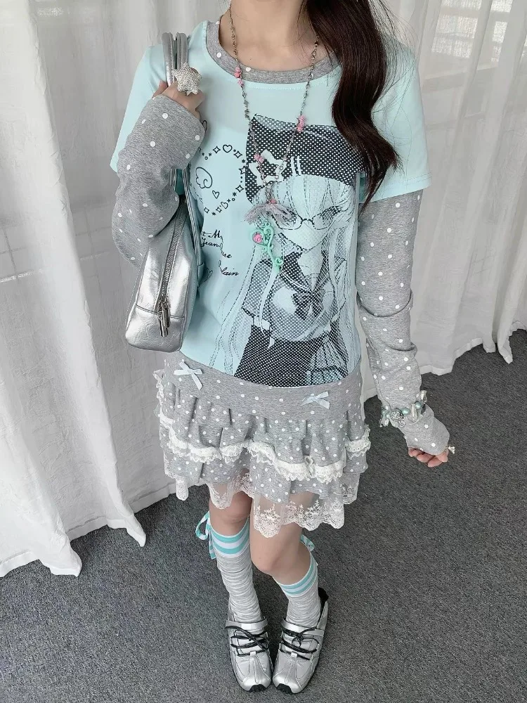 HOUZHOU Harajuku Anime Women T-shirts Kawaii Cutecore Fake Two Pieces Long Sleeve T-shirts Japanese Style Shoujo Aesthetic Tops