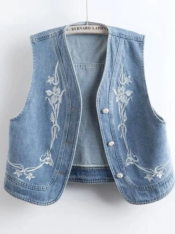 

Chinese Sle V-Ne Embroidered Denim Vest Casual Layering Top Women's Faion Outerwear ort Length Color