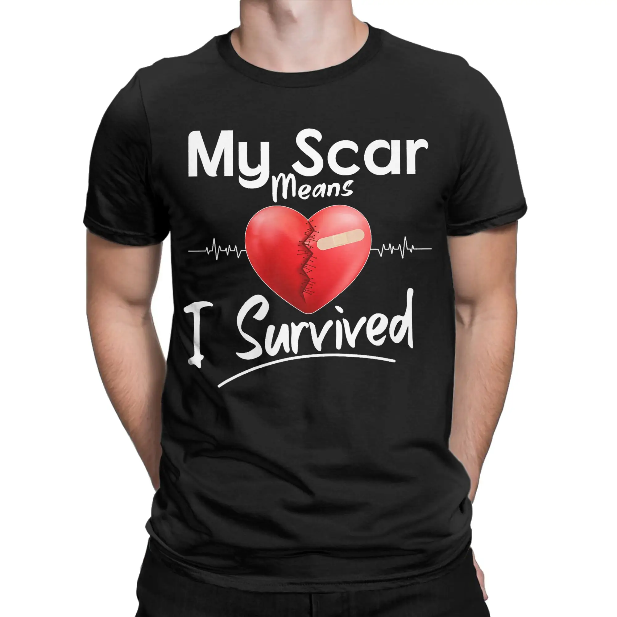 My Scar Means I Survived Heart  T Shirts Men's  Pure Cotton Leisure T-Shirt Round Collar  Tee Shirt Short Sleeve Birthday Gift