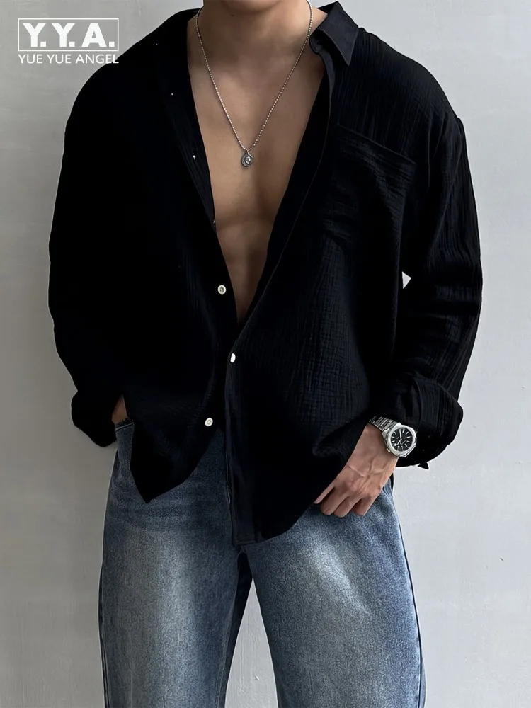 

New Spring Summer Male Long Sleeved Loose Shirts Mens Thin Breathable Casual Shirt Lapel Single Breasted Streetwear Pocket Tops
