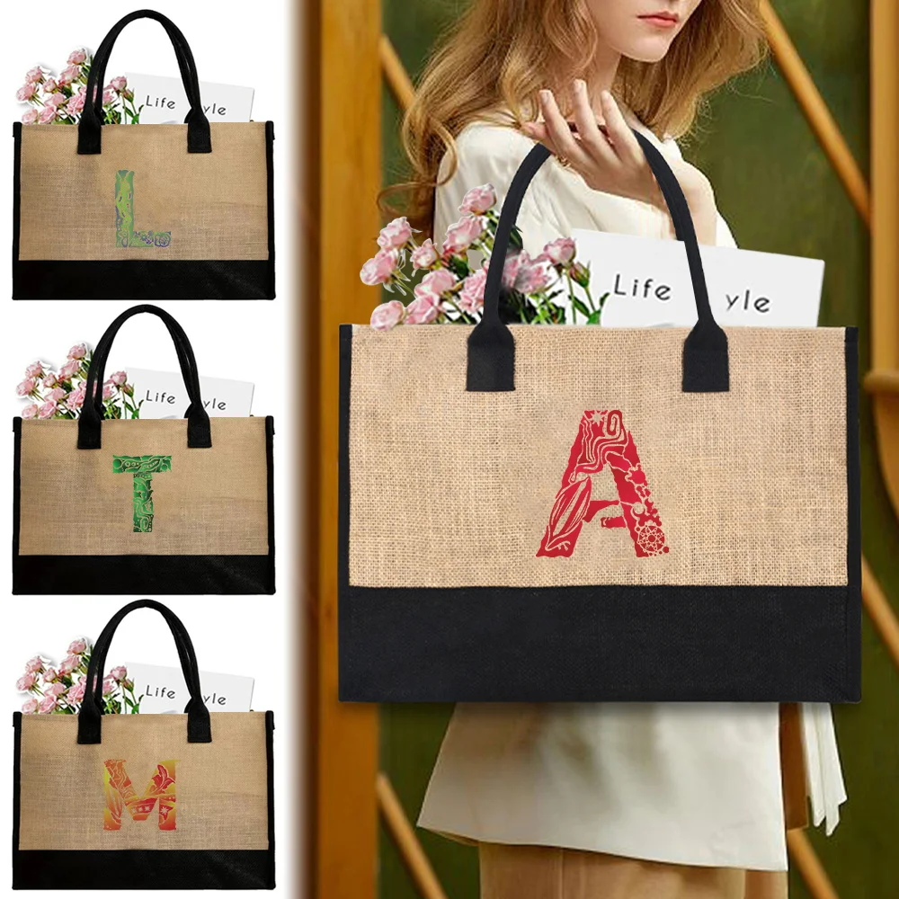 Simple  Handle Shopping Bag Linen Ribbon Large Capacity Gift Shopping Bag Engrave Image Series Daily Outing Commuting Bag
