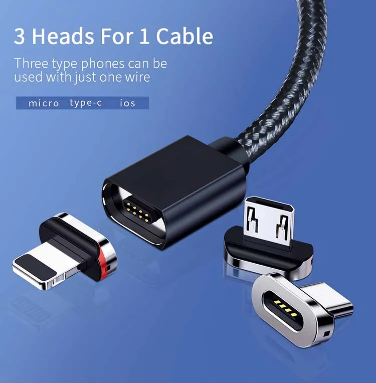 Magic straight head magnetic suction cable 3-in-1 USB C-type cable 3A magnet charger, woven nylon square data cable