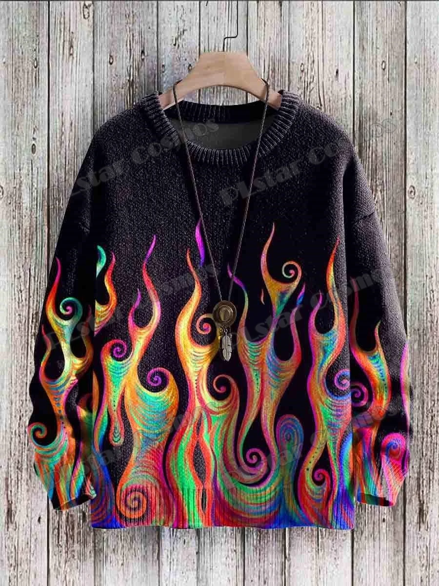 KMY25 suéter de punto informal Unisex, suéter Vintage con patrón de Arte de llama de arcoíris, cuello redondo impreso en 3D, Invierno