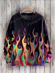 Winter Unisex Casual Knit Pullover Sweater Vintage Rainbow Flame Art Pattern 3D Printed Crewneck Knitted Sweaters KMY25