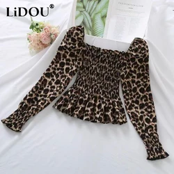 Spring Autumn One Word Collar Leopard Print Sexy Vintage Slim Shirt Lady Long Sleeve All-match Pullover Blouse Women's Clothing