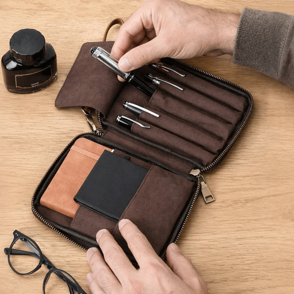 School Supplies Genuine Leather Pen Case Vintage 5 Slots Pencil box Multi-functional with Zipper Pen Bag Student