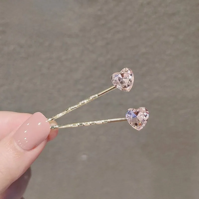 2pcs Sweet Girl Hairpin Imitation Crystal Love One-word Clip Bangs Edge Top Clip Headwear Girls Women Hair Accessories