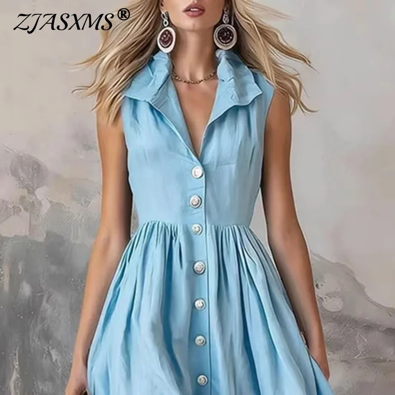 Sommerliches, lässiges, ärmelloses, langes Tanktop-Kleid, elegantes Partykleid mit Reverskragen, Knöpfen und Falten, neues, einfarbiges Maxikleid mit hoher Taille für Damen