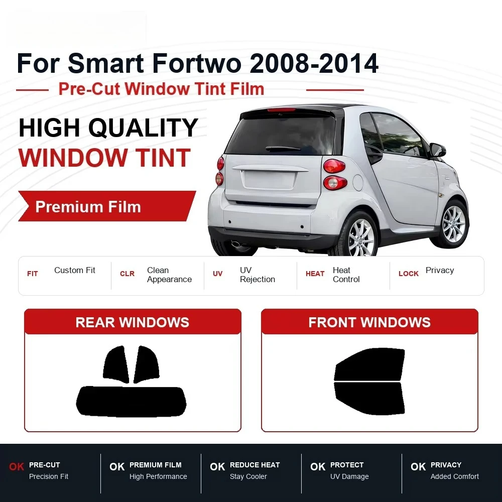 Premium Pre-Cut Car Window Tint for Smart Fortwo 2008-2014 Front & Rear Windows, Effective UV & Heat Privacy Protection Film