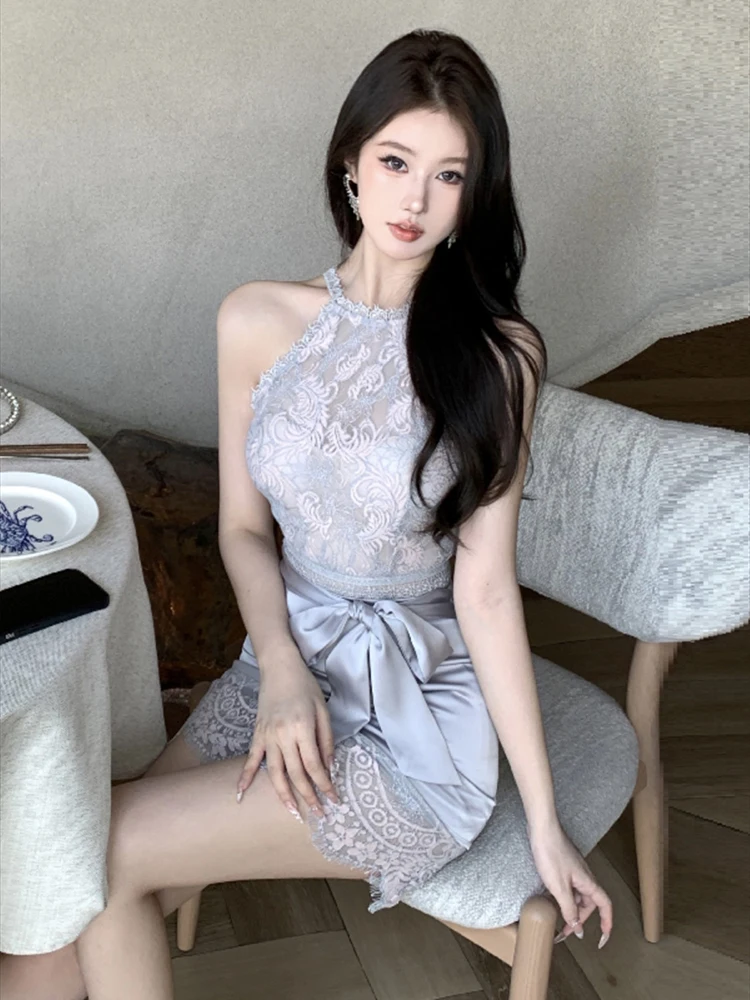 숙녀 디자인 감각 레이스 오프 숄더 드레스 2025 새로운 프랑스어 섹시한 스타일 하이 웨이스트 슬림 불규칙한 목 조끼 드레스