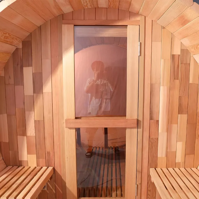 Fas Sauna Masif Ahşap Bahçe Panoramik Fıçı Şeklinde Açık Hava Saunası (Odun Sobalı)