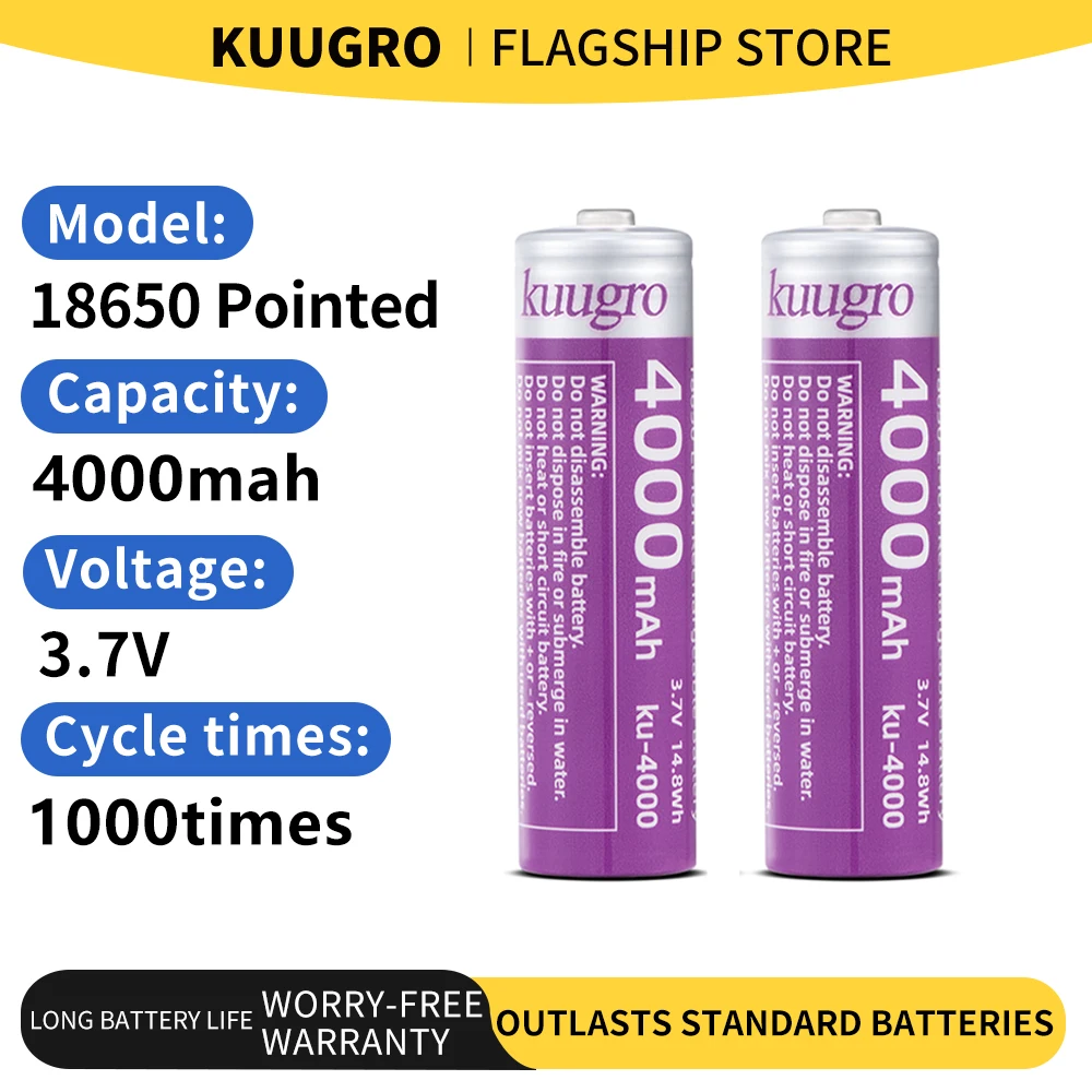 

kuugro ku-4000 Pointed Battery 18650 4000mAh 3.7V Highest Capacity Rechargeable Lithium Batteries 12A Discharge for Flashlight