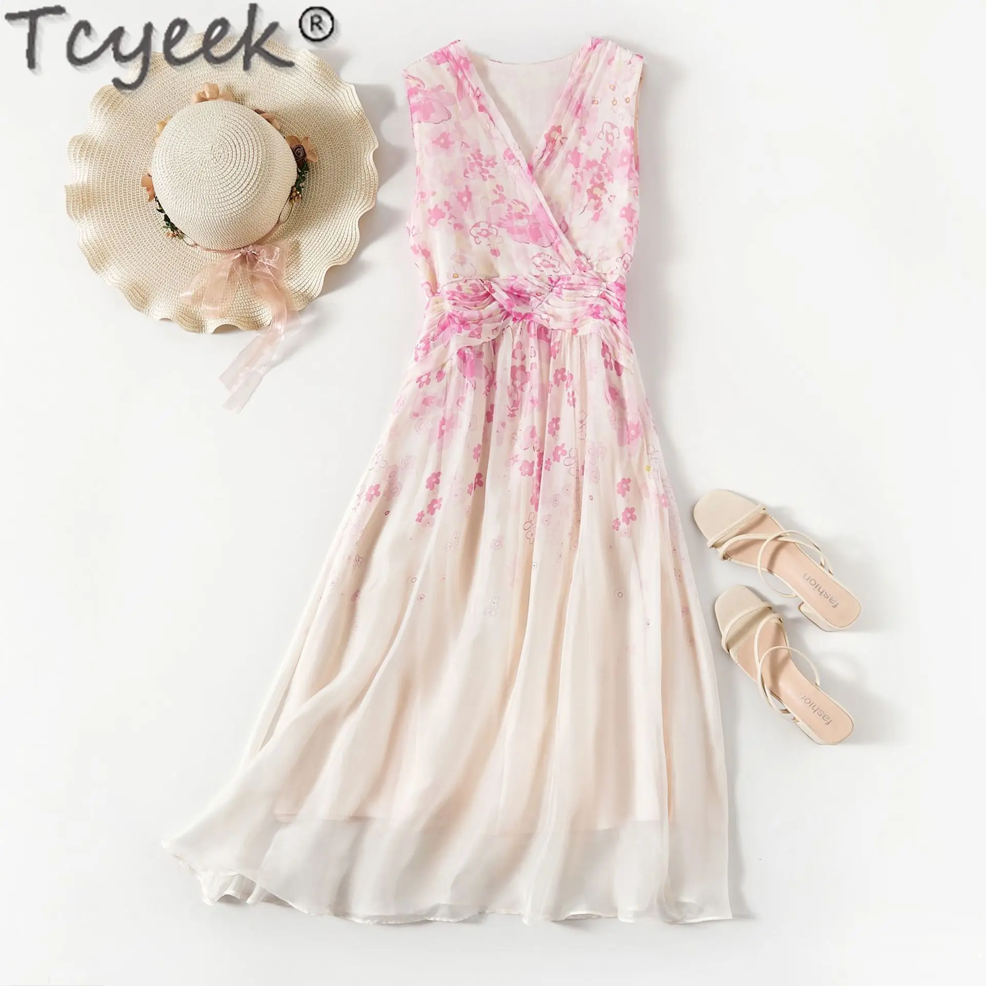 

Tcyeek Pure Mulberry Silk Dress Women Elegant and Pretty Women's Dresses Sleeveless Beach Dress Summer Clothes Vestido Mujer