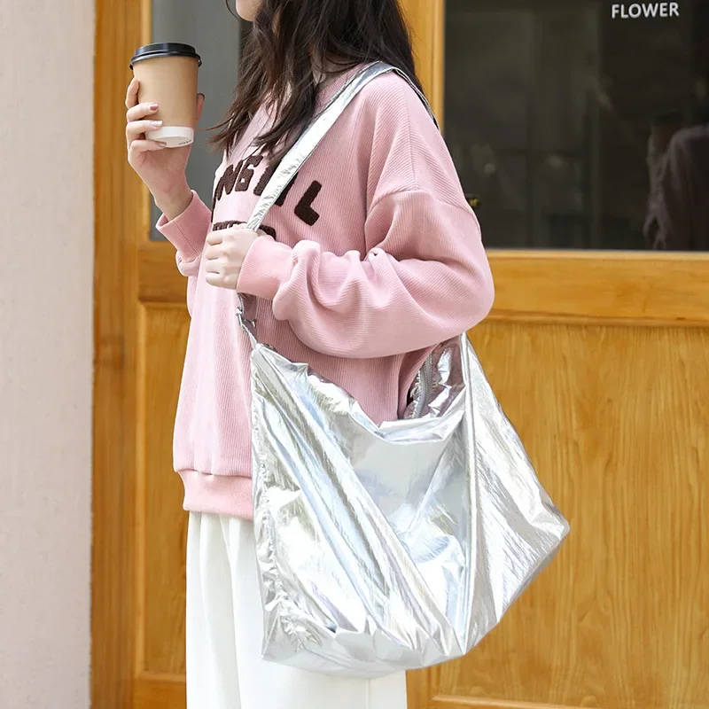 Solid Color Soft Tin Foil Shoulder Bag for Women Korean Style College Student Large Capacity Messenger Bag Casual Crossbody Bag