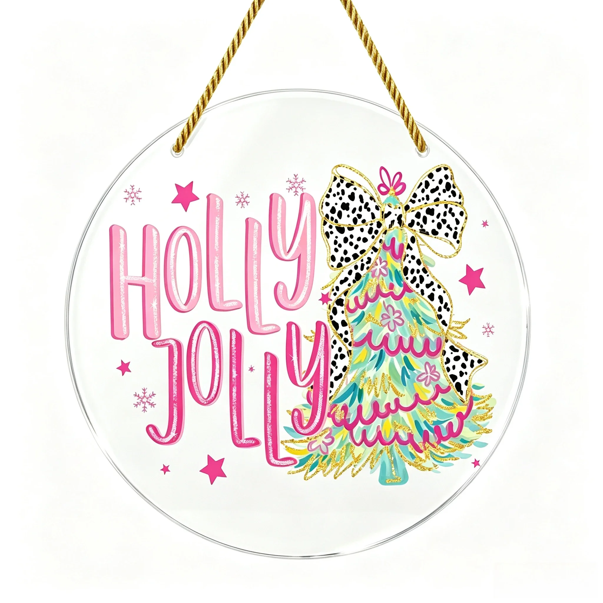 Holly Jolly Leopard Bow Christmas Tree Round Acrylic Hanging Sign, Pink Holiday Door Decor