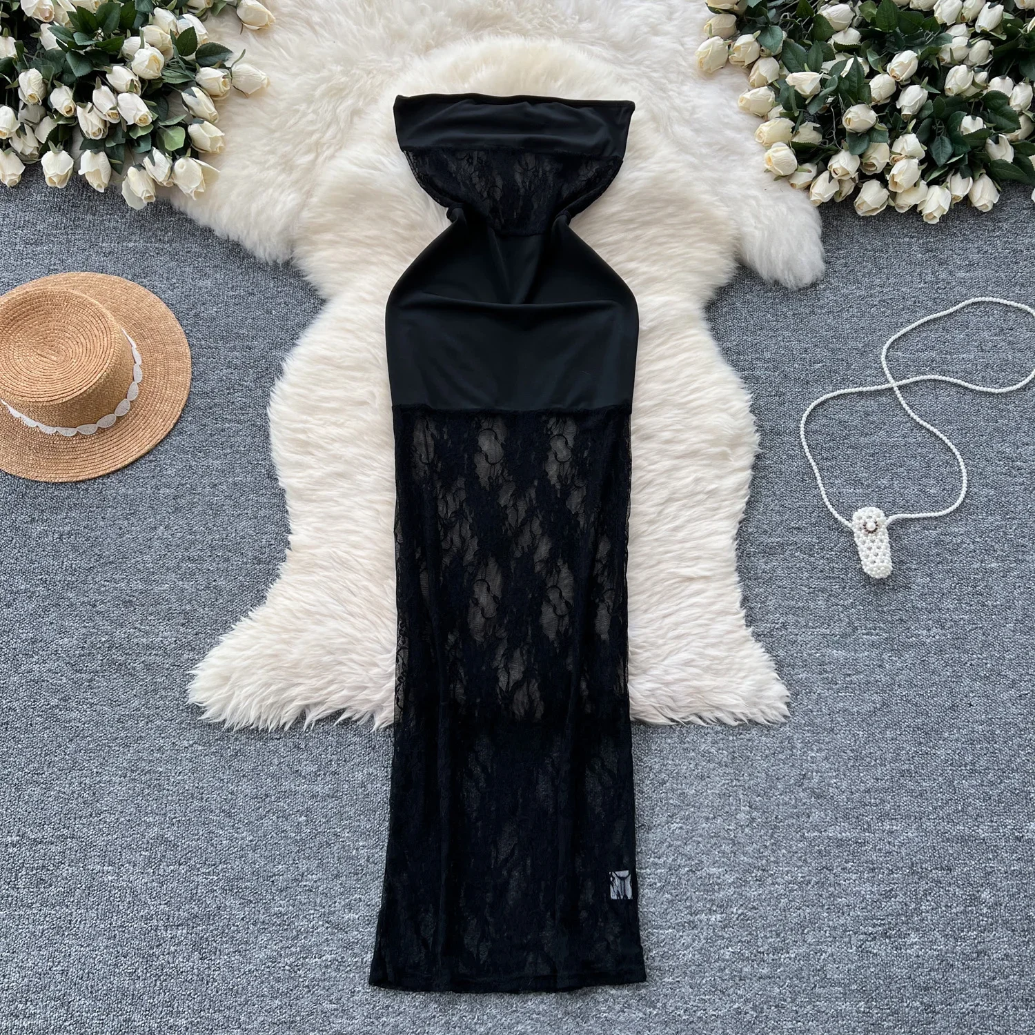 Elegant Lace Spliced Vintage Chic Holllow Out See Through Strapless Dresses Korean Fashion Evening High Street Summer Clothing