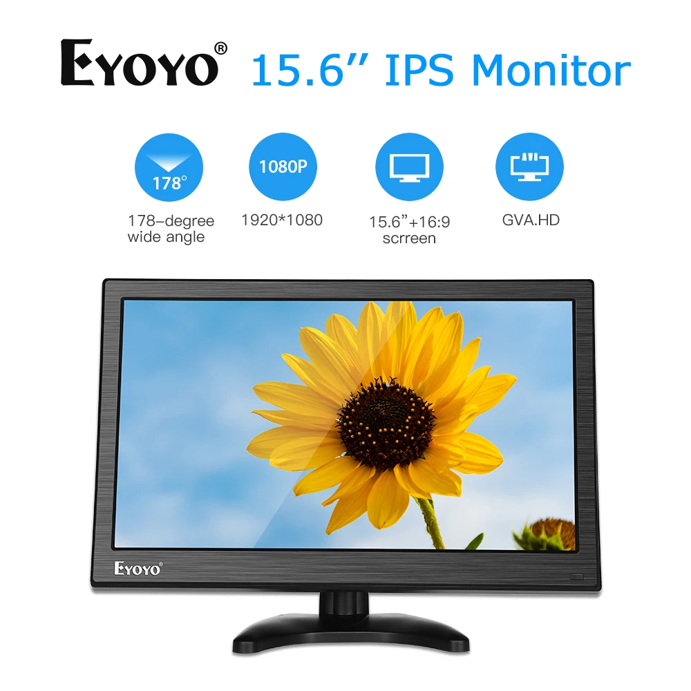 Eyoyo 15.6'' IPS Screen Monitor HDMI Display 1920x1080 With AV/VGA/BNC/USB HDMI input 178° view PC monitor for CCTV Security