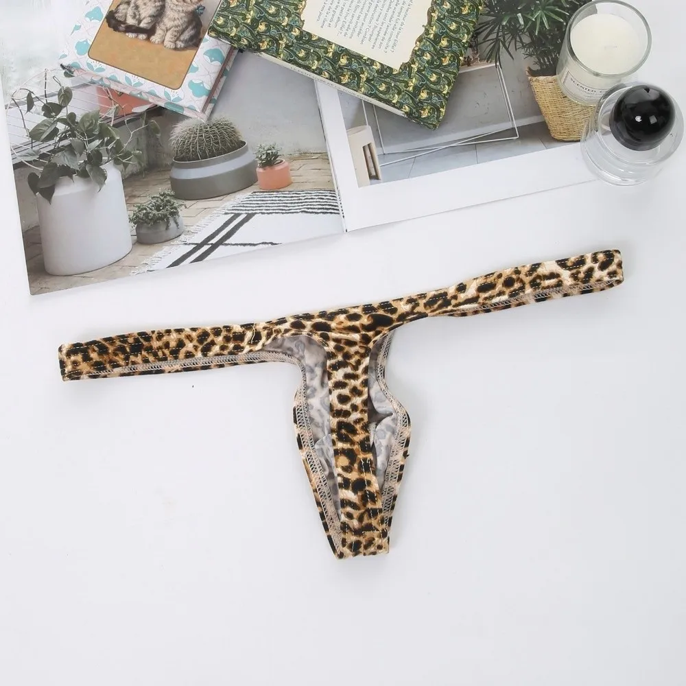 Comfortable T-back Leopard Thong U Bulge Pouch Low Waist Leopard Print Briefs Lingerie Male Underwear Home Wear
