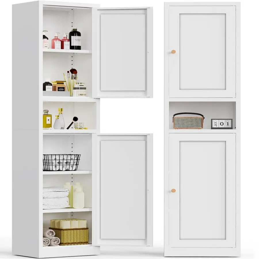 H Tall Narrow Storage Cabinet,White Metal Bathroom Storage Cabinet with Reversible Doors amp Adjustable Shelves,Metal Pantry Cab
