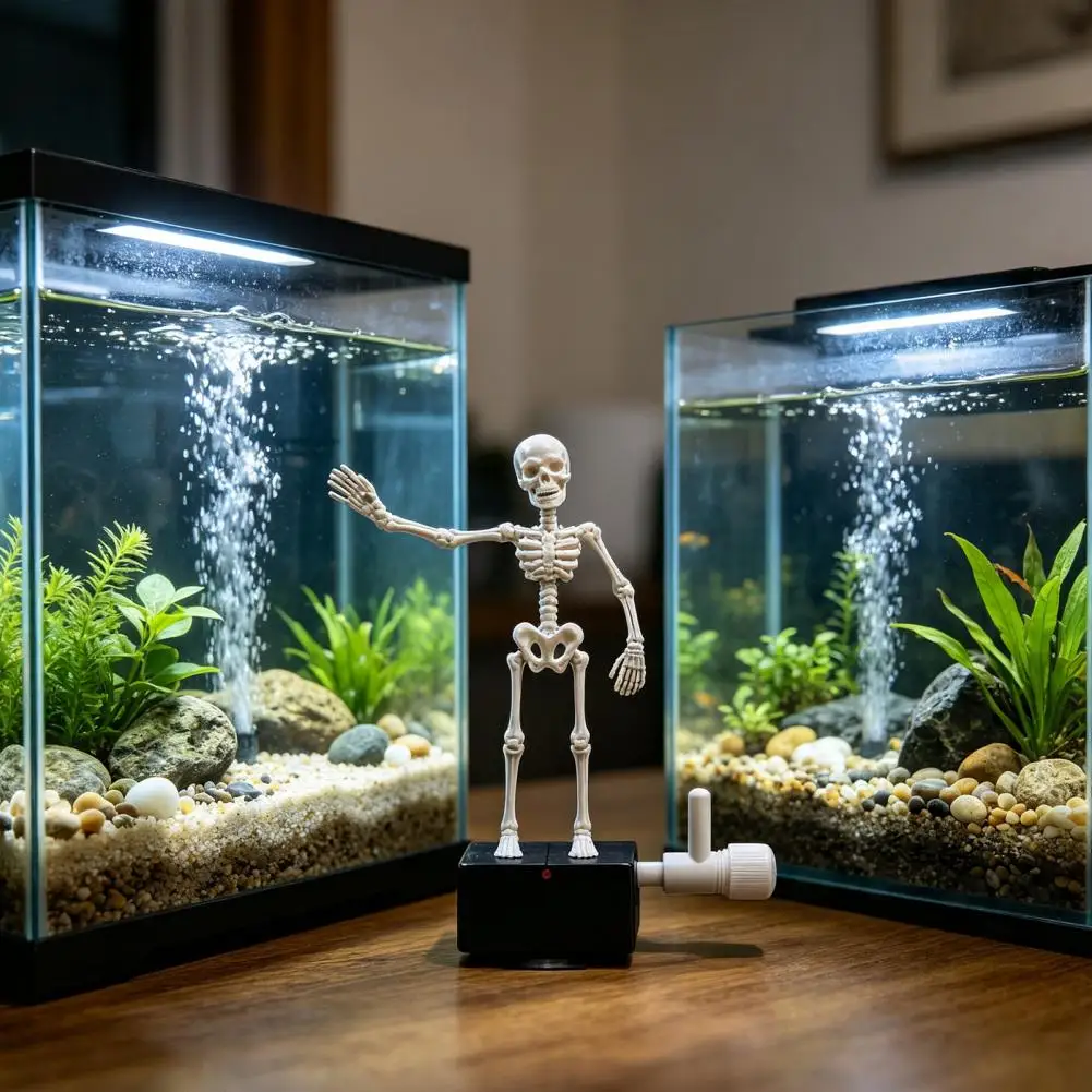 Moving Skull Decor Halloween Aquarium Dancing Skeleton Ornament Bubble-driven Moving Joints Decor Realistic Swing Skull Fish