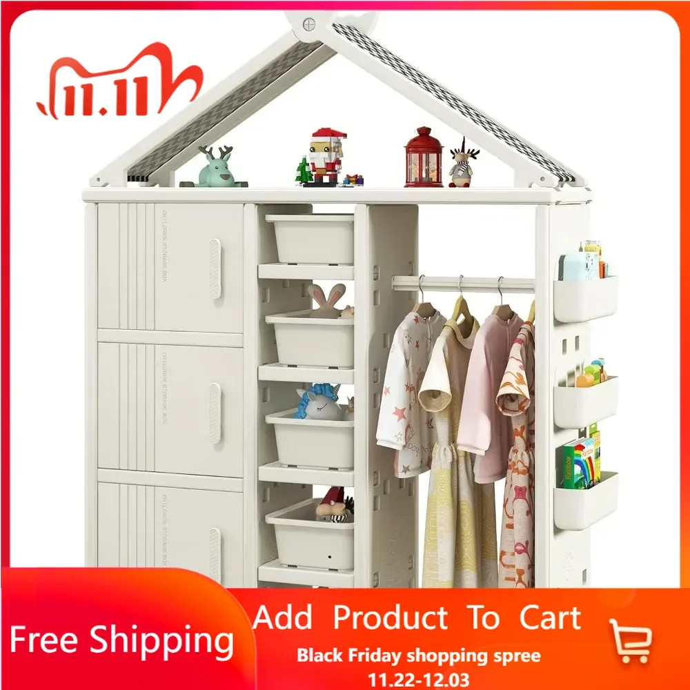 Kids Costume Storage Closet, Children Pretend Dresser Wardrobe, Open Hanging Armoire Closet with Storage Bins, Shelves