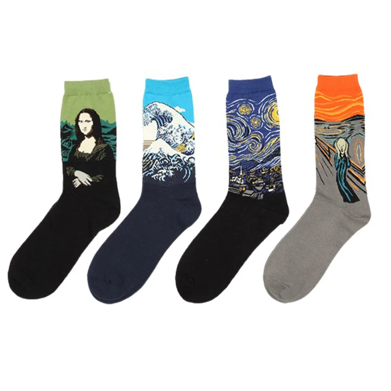 1 Pair Autumn Winter Retro Men Socks Couple Socks New Art Van Gogh Mural World Famous Oil Painting Series Funny Socks