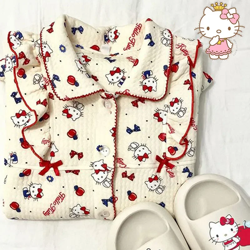 Sanrio Anime Hello Kitty Cartoon Pajamas All Cotton Comfortable and Soft Kawaii Printing Home Set Sweet Girl Heart Girl Gift Toy