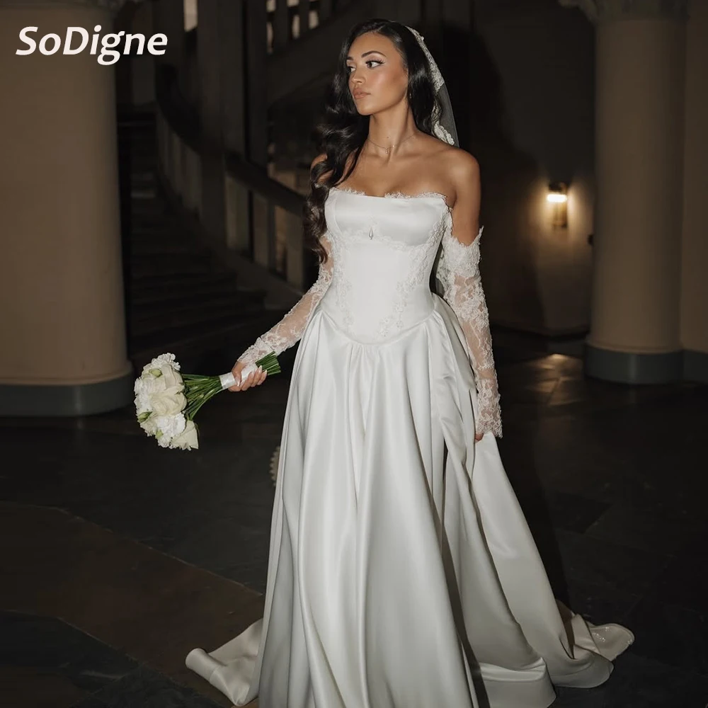 

SoDigne Satin A-line Wedding Dresses Strapless Detachable Sleeves Bridal Dress Wedding Party Gown Robe De Mairee Customized