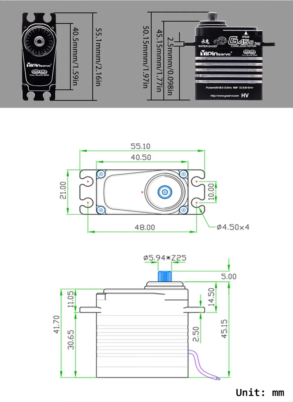 45KG Digital Servo RC Waterproof Full Metal IP68 Coreless Motor 180/270/360 Degree Model Car Industrial Grade Robotic 25T Servos