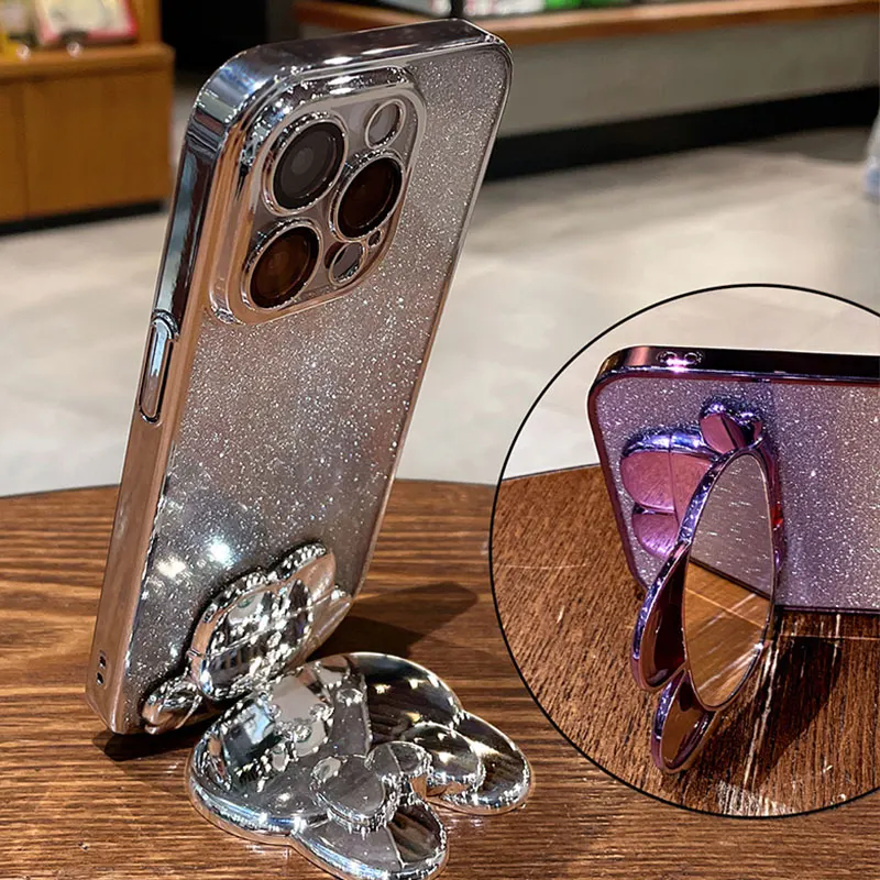 Luxury bracket Case For POCO F6 pro Glitter Mirror Rabbit Holder Soft Case for Xiaomi poco F6 M6 X6 pro C65 Shockproof Cover F6