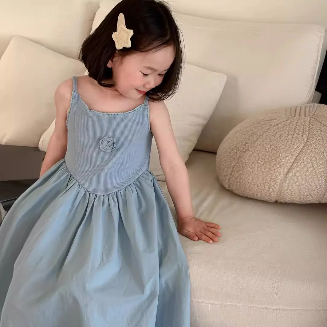 

Baby Girl Dress Wheat Season 2024 Summer New Korean Girls Flower Slip Fashion Dress Knit Slip Princess Dress Children Dresses