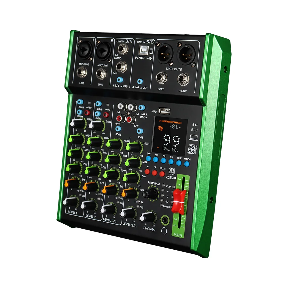 Flygrow PR6 6-Channel Audio Mixer,Built-in Recording Card Function,BT,USB Playback,3-stage EQ,99 Mixing Effects,Mixer Console