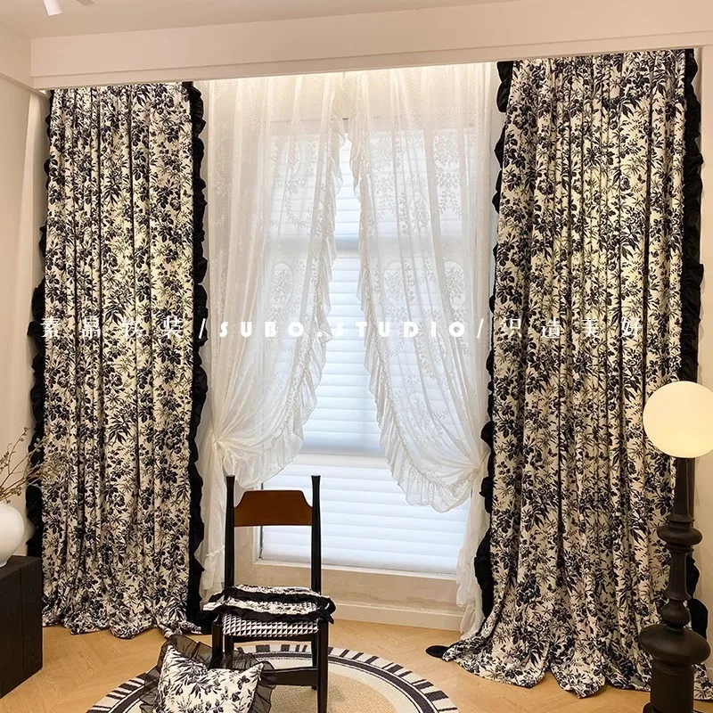 French Retro Black and White Jacquard Wood Ear Edge Splicing Blackout Curtains for Living Room Bedroom Window French Window