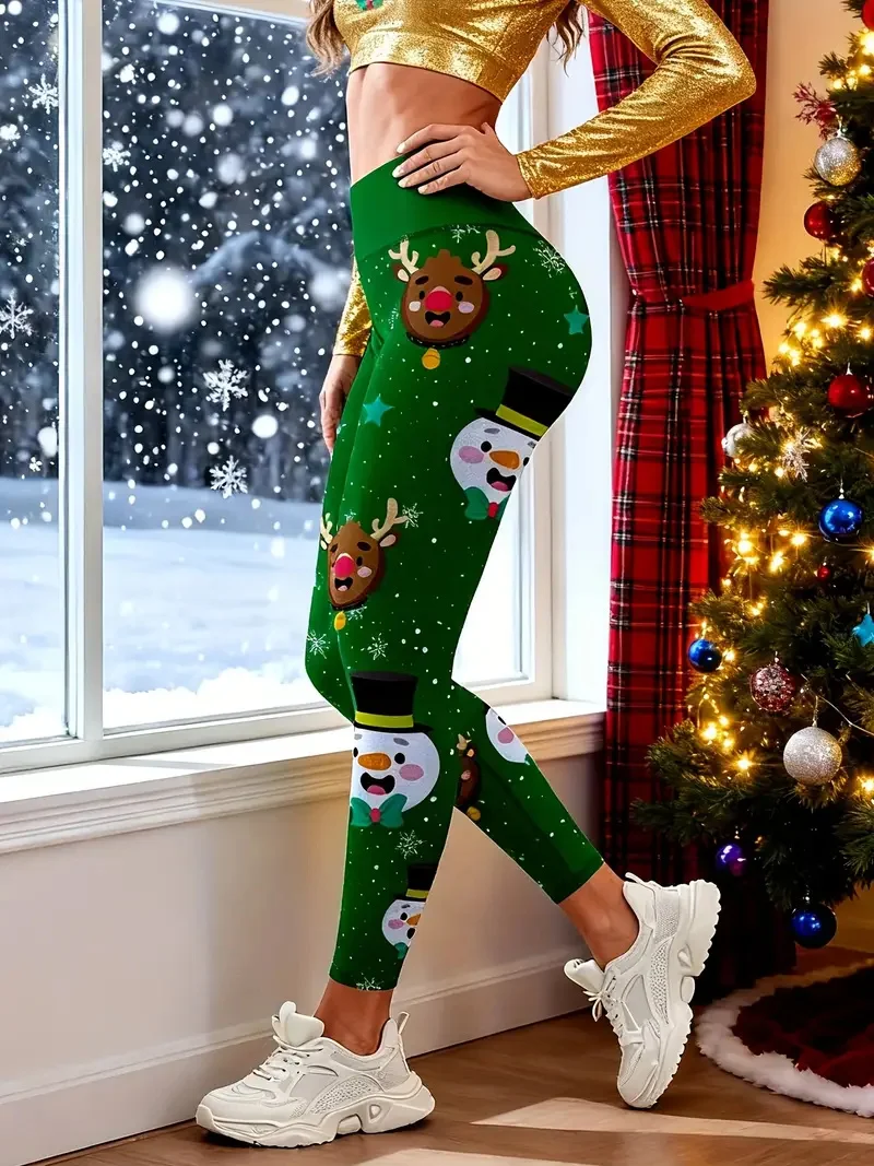 

Рождественские штаны для йоги для женщин, женские эластичные брюки с 3D принтом снеговика и лося, повседневные удобные леггинсы для бега и фитнеса