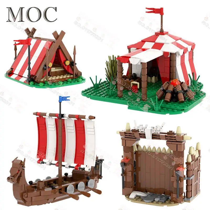 Medieval Viking Series MOC Building Blocks DIY Watchtower Tent Camp Gate Battleship Model Assembly Bricks Toys For Children Gift