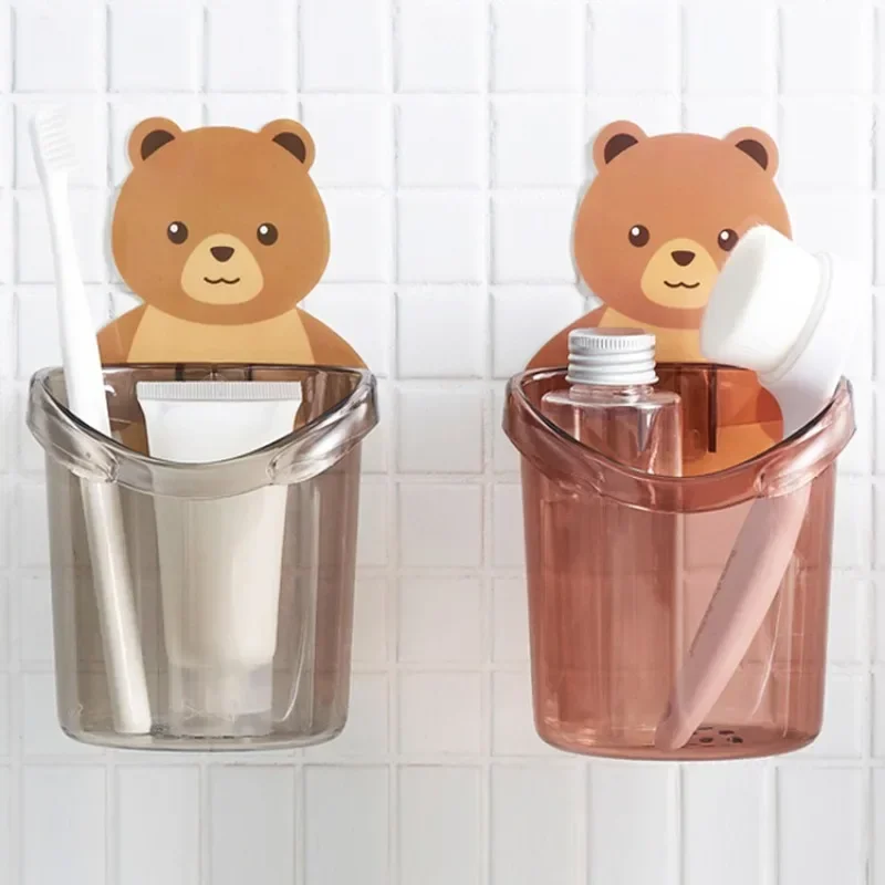 1Pc Bear Shaped Toothbrush Holder Bathroom Cartoon Toothbrush Toothpaste Wall Suction Holder Rack Container