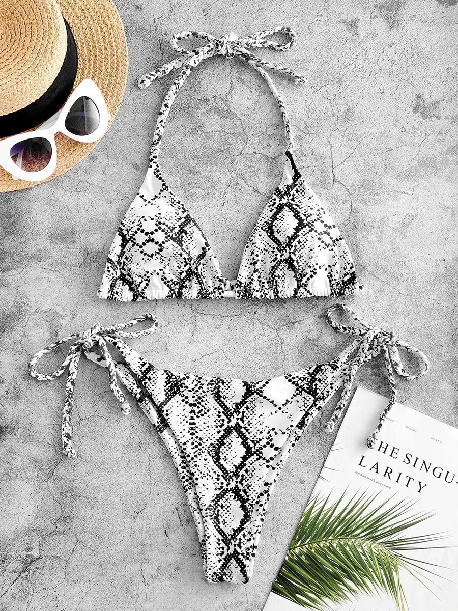 Sexy Snake Print Micro Bikini 2024 Women Swimsuit Female Swimwear Thong Crochet Bandage Bikini Set Brazilian Halter Bathing Suit